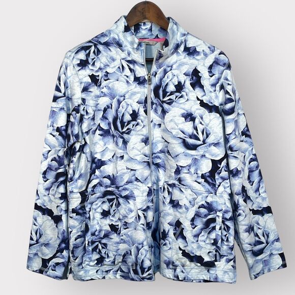 Isaac Mizrahi Live! SOHO Anorak Jacket Women M Blue Floral Pockets Full Zip Knit - Picture 1 of 14